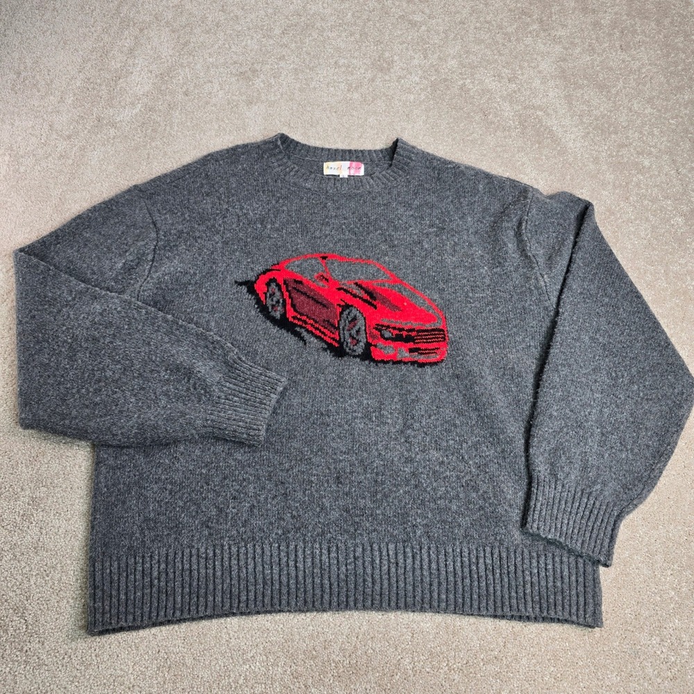 Hazel Moon Women‎ Charcoal Gray Red Sports Car Graphic Knit Sweater Size L